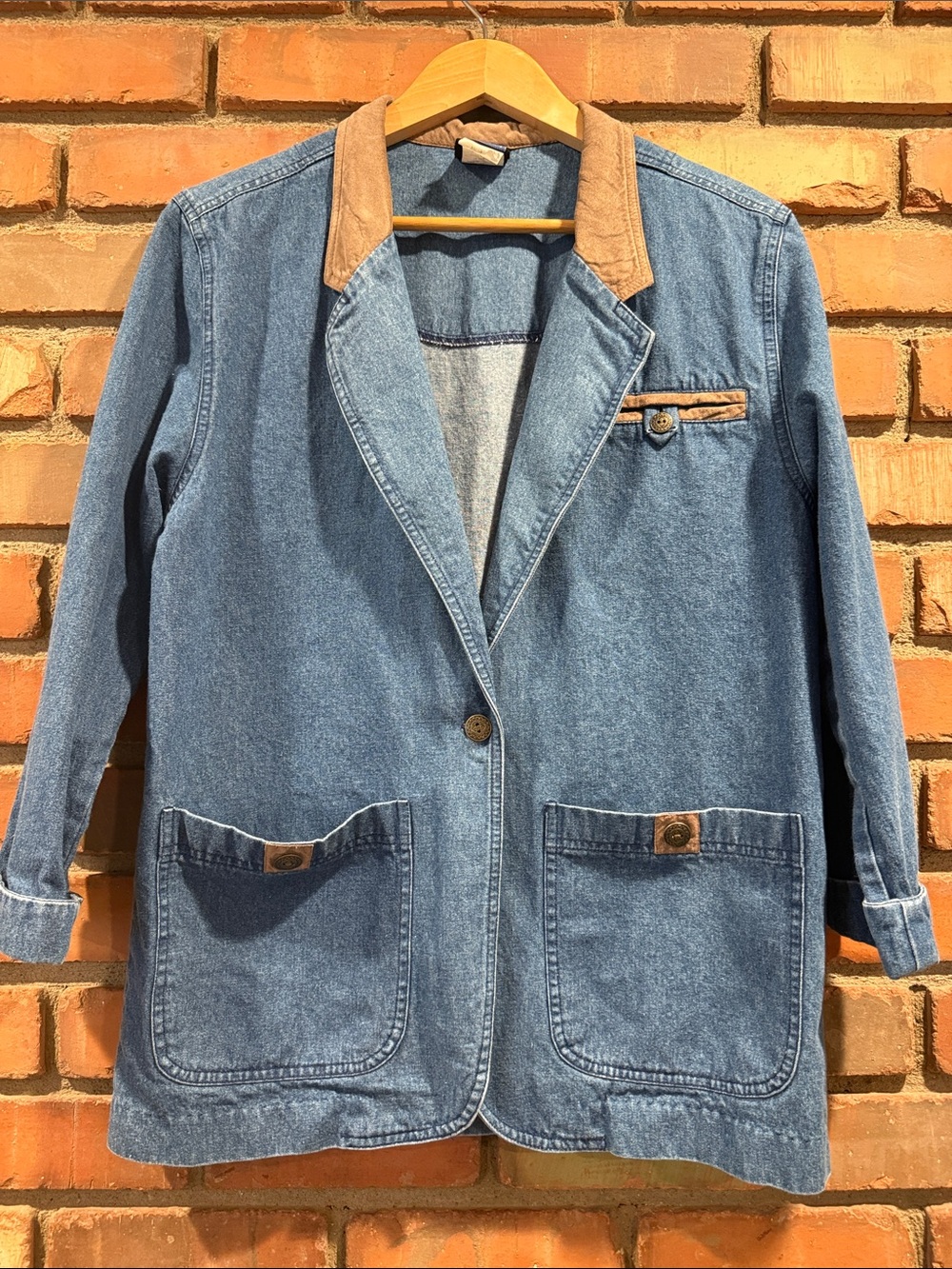 Denim Blazer Jacket with Contrast suede Collar- vintage